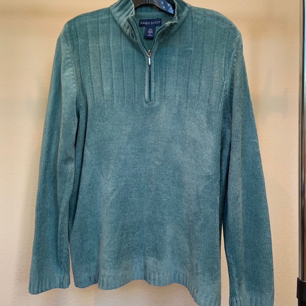Karen Scott Cozy Teal Quarter Zip Pullover Sweater